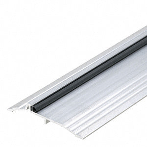 A close-up view of a 36-inch aluminum panic threshold featuring a black rubber seal insert.