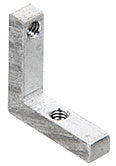 An L-shaped aluminum corner connector for pass-thru frame extrusions featuring two threaded screw holes.