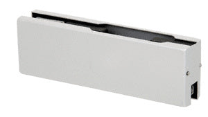 A satin anodized aluminum patch fitting for glass doors shown without an insert.