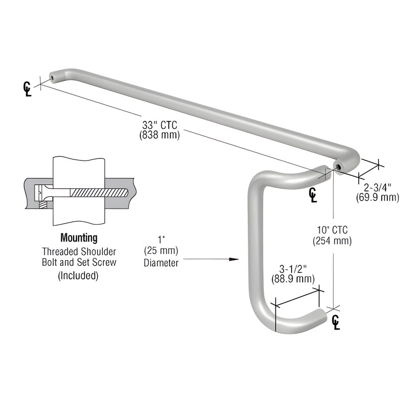A technical diagram showing the dimensions and back-to-back mounting details for a CRL aluminum push and offset pull door handle set.