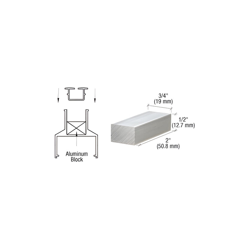 A technical diagram showing the placement of a rectangular aluminum setting block inside a 100 series bottom rigid vinyl channel.