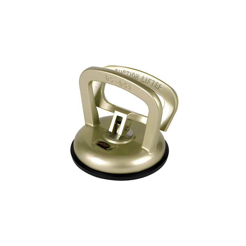 A gold-colored CRL aluminum single pad vacuum lifter with a 4-1/2 inch diameter suction cup and integrated handle.