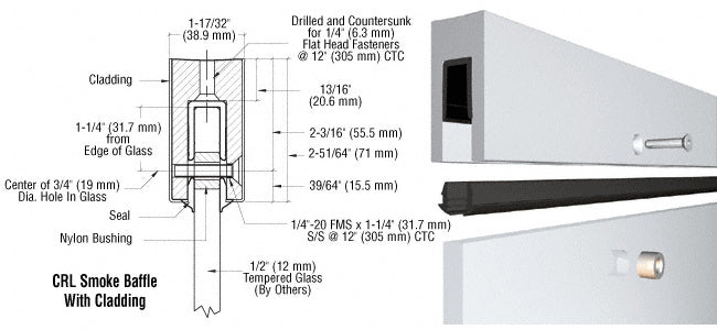 A technical diagram and 3D rendering showing the cross-section and assembly of a mill aluminum smoke baffle base shoe for 1/2 inch glass.
