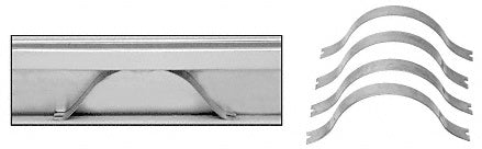 A set of curved aluminum spring clips shown individually and installed within an aluminum frame molding channel.