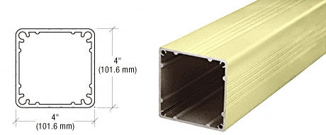 A technical diagram and perspective view showing the 4-inch by 4-inch square profile of the pre-treated aluminum post.