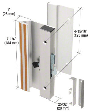 An aluminum surface mount hook style handle with dimension callouts showing a 7-1/4 inch body length and 4-15/16 inch mounting hole spacing.
