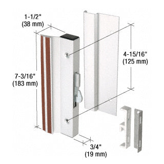An aluminum hook-style surface mount handle with dimension labels showing a 7-3/16 inch body length and 4-15/16 inch screw hole spacing.