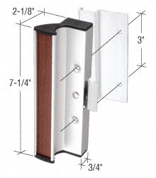 A technical diagram of a CRL aluminum surface mount handle with a wood insert, showing 3-inch mounting hole spacing and 7-1/4-inch body length.