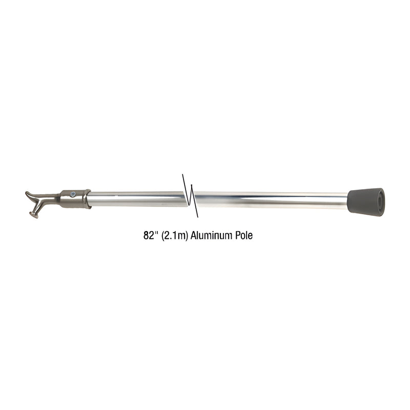 An 82-inch aluminum transom hook and pole featuring a metal hook at one end and a protective rubber cap at the other.