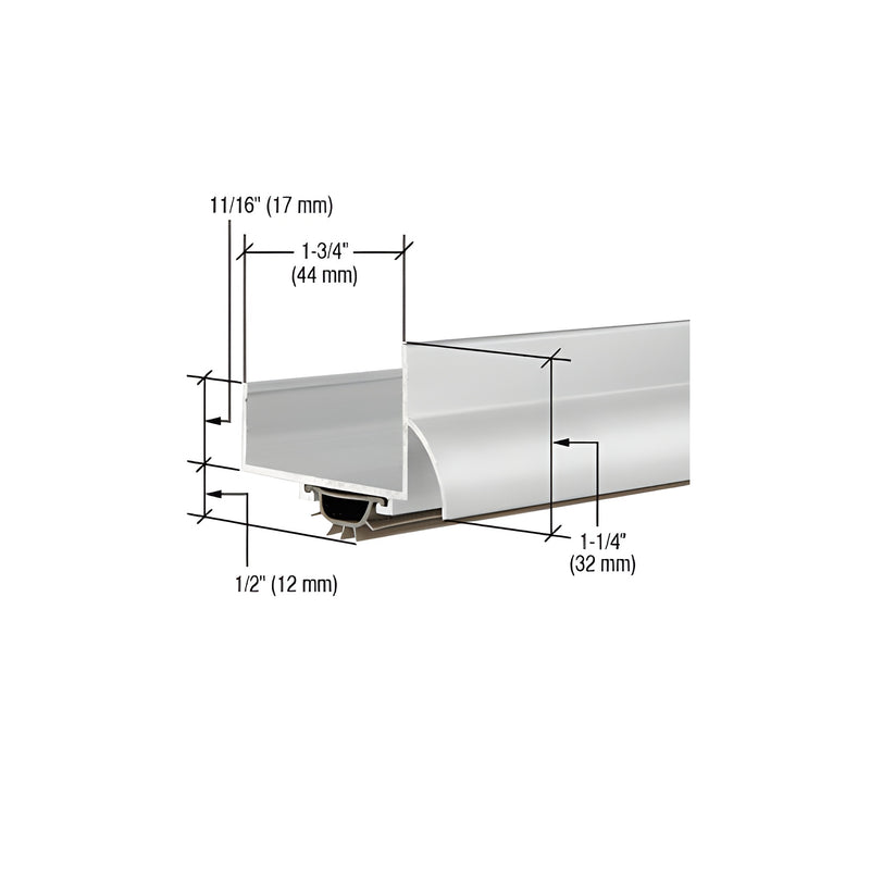 A technical diagram showing the profile of an aluminum U-shape door bottom with a vinyl seal and specific dimension measurements.