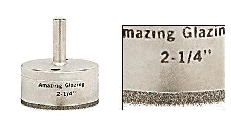 A 2-1/4 inch diamond plated drill bit with a 3/8 inch reduced round shank shown from the side with a close-up detail of the cutting edge.
