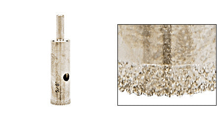 A 5/8-inch diamond-plated steel drill bit with a reduced round shank shown alongside a close-up of the abrasive diamond cutting edge.