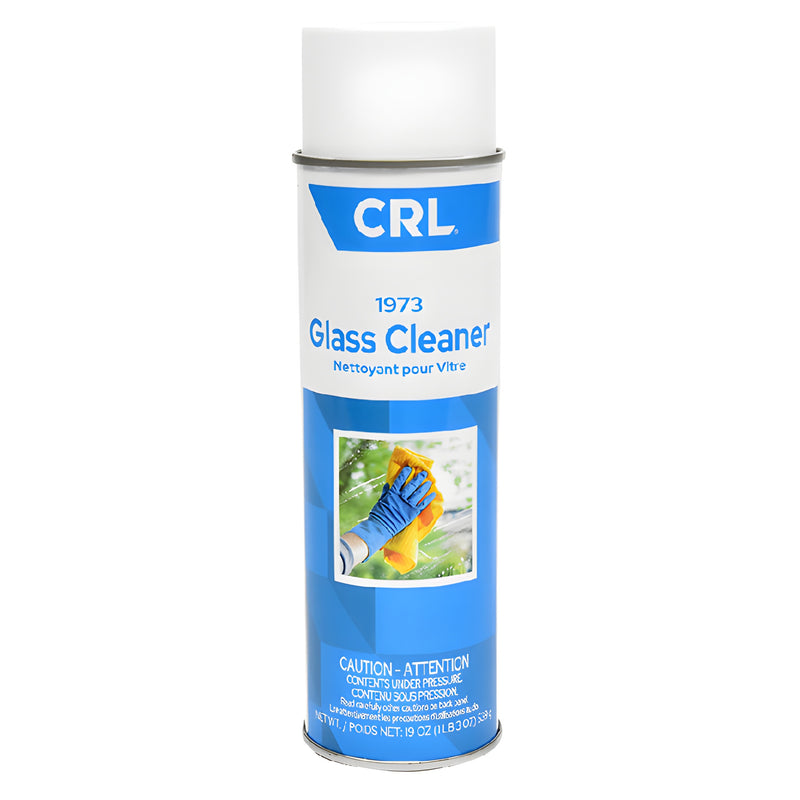 A single 19 oz. aerosol can of CRL ammoniated glass cleaner featuring a blue and white label with an image of a hand cleaning a window.