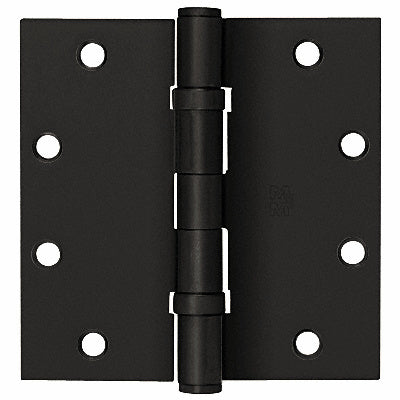 A flat view of a 5-inch by 5-inch commercial ball bearing hinge finished in antique oiled bronze with a removable pin.