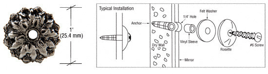A 1-inch antique silver floral metal mirror rosette shown next to a technical diagram illustrating its installation process with a #6 screw.