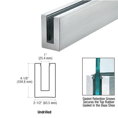 A mill finish aluminum base shoe extrusion shown with a technical profile diagram and a detail view of a glass panel installed with a rubber gasket.