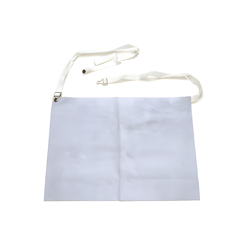 A rectangular leather protective apron with white adjustable straps and metal clips.