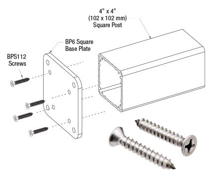A technical diagram showing CRL base plate screws used to attach a square base plate to a square post, alongside two individual steel screws.