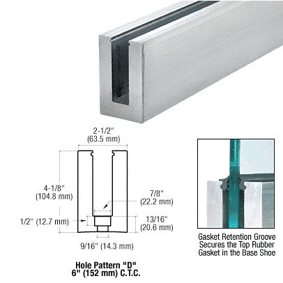 A technical diagram showing the dimensions and cross-section of the aluminum base shoe with a glass panel installed.
