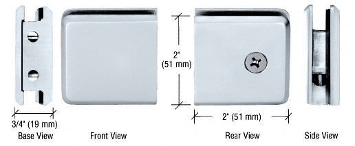 Technical diagram showing the base, front, rear, and side views of a polished chrome beveled U-clamp for glass panels.