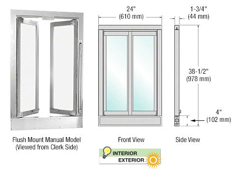 Technical diagram showing the front, side, and clerk-side views of the aluminum manual bi-fold service window.