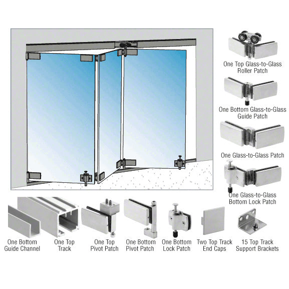 A technical diagram showing the components of a 3-panel bi-folding door system, including the top track, glass patches, and pivot hardware.