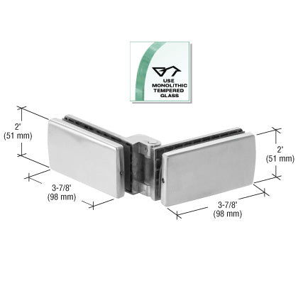 A technical diagram of a brushed stainless steel CRL Birmingham Series glass-to-glass patch fitting with dimension labels.