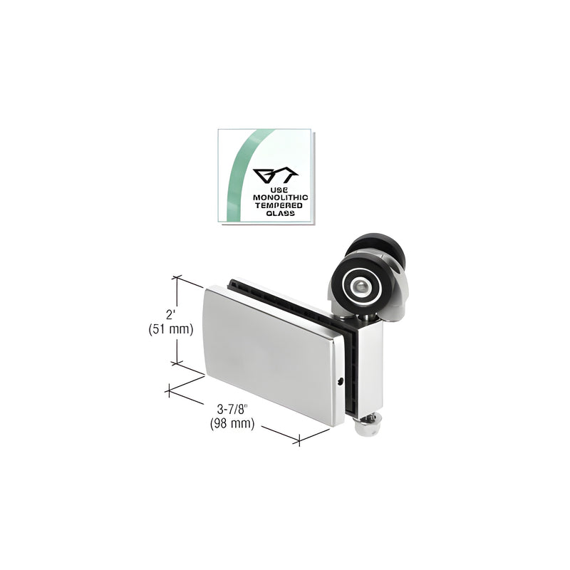 A brushed stainless steel CRL Birmingham Series top single roller patch shown with dimension labels and a glass compatibility icon.