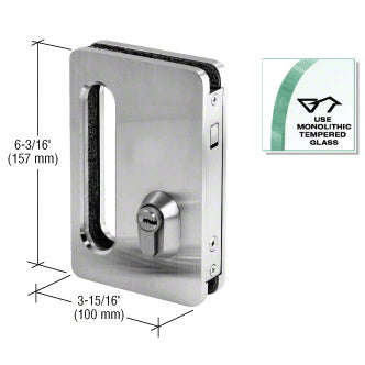 A brushed stainless steel Birmingham Series slim line locking handle shown with dimension labels and a glass compatibility icon.
