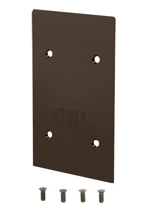 A rectangular black bronze aluminum end cap for a square base shoe shown with four matching mounting screws.