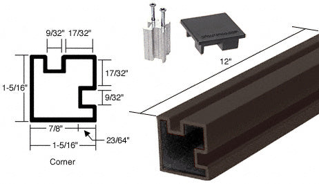A 12-inch dark bronze anodized aluminum corner post with a square tube profile and included hardware components.