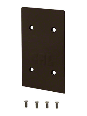 A rectangular black bronze anodized aluminum end cap for 8B series base shoes is shown with four included mounting screws.