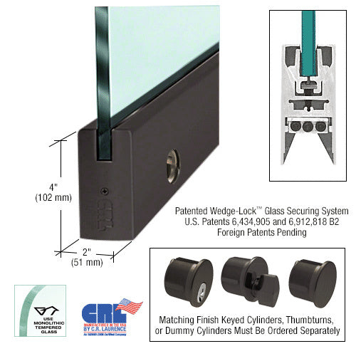 A black bronze anodized square door rail for 1/2 inch glass shown with a cross-section diagram and cylinder options.