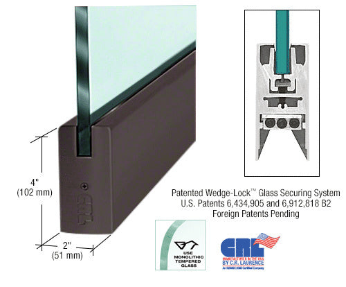 A black bronze anodized aluminum square door rail shown with a 1/2 inch glass panel and a cross-section diagram of the Wedge-Lock securing system.