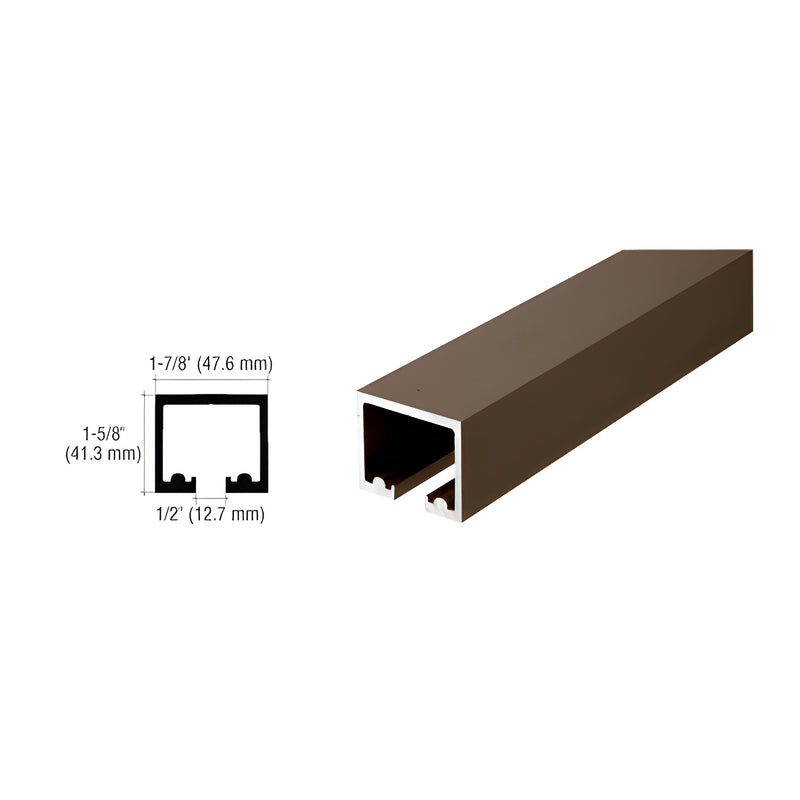 A black bronze anodized top track for sliding doors shown with a technical cross-section diagram displaying its 1-5/8 inch height and 1-7/8 inch width.