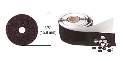 A close-up view of a 5/8" black felt washer next to a roll of adhesive-backed felt material with pre-cut washer shapes.
