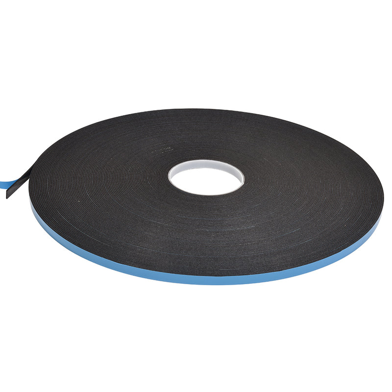 A single roll of black double-sided foam glazing tape with a blue protective liner.