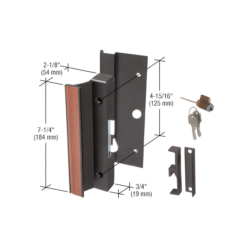 A black aluminum surface mount hook-style handle set for Arcadia doors with keyed cylinder, keys, and mounting hardware shown with dimension labels.