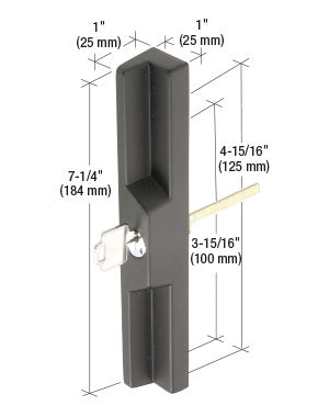 A black aluminum surface-mounted pull and keyed locking unit shown with technical dimension labels.