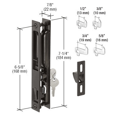 A black aluminum keyed flush mount sliding glass door latch shown with four interchangeable hook sizes and a keeper.