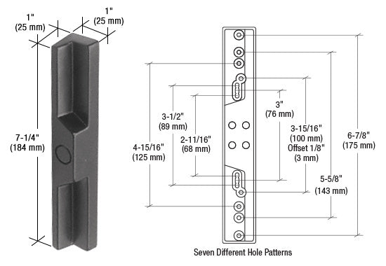 A technical diagram showing the 7-1/4 inch black aluminum outside pull handle alongside its seven different mounting hole pattern dimensions.