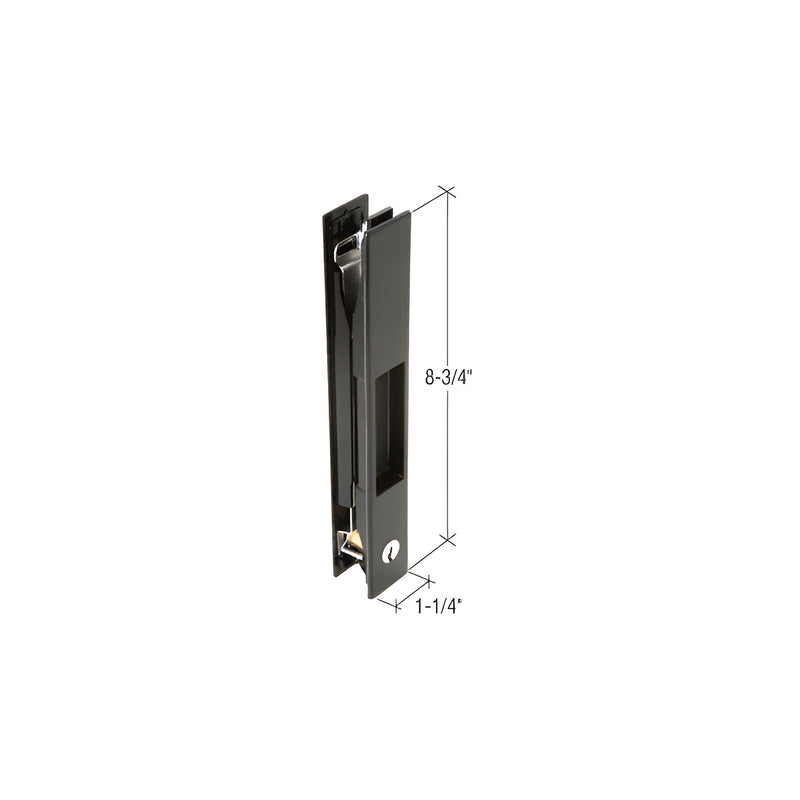 A black plastic Adams Rite handle and key set shown with dimension lines indicating an 8-3/4 inch height and 1-1/4 inch width.