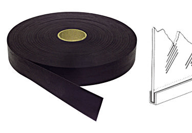 A roll of black Sealstrip glass setting tape shown next to a diagram illustrating its application in a glass channel.