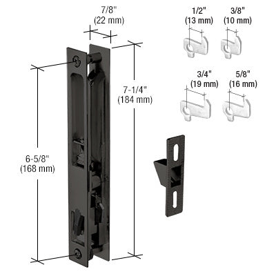 A black aluminum non-keyed flush mount sliding glass door handle set with four interchangeable hooks and dimensional technical specifications.