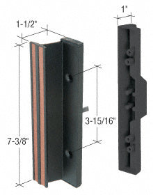 A black aluminum mortise-style sliding glass door handle shown with dimension lines indicating a 7-3/8 inch length and 3-15/16 inch hole spacing.