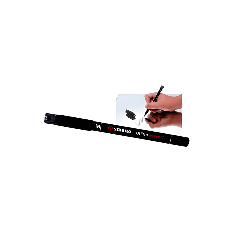 A close-up of a black Stabilo marking pen shown alongside an inset image of a hand using the pen to draw on a surface.