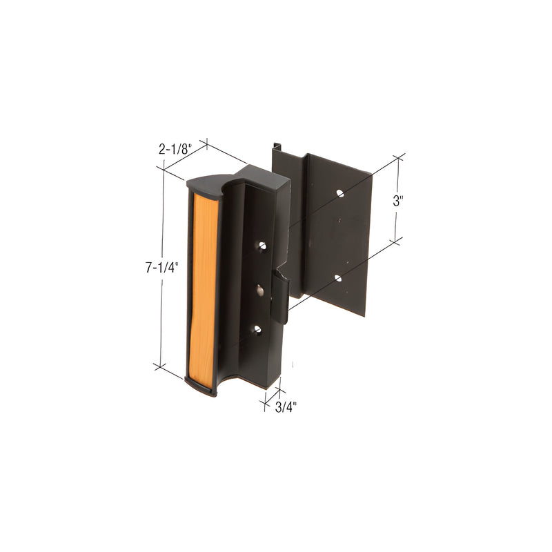 A black surface mount clamp-style door handle with a wood insert and labeled dimensions.