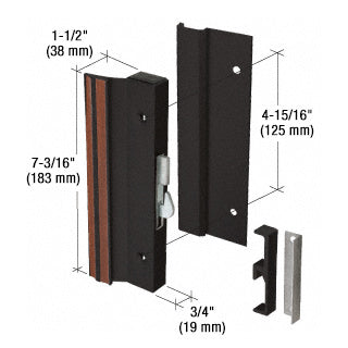 A black aluminum hook-style surface mount handle with dimension labels showing a 7-3/16 inch body length and 4-15/16 inch mounting hole spacing.