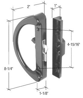 A black aluminum surface mount handle set shown with dimension lines indicating an 8-1/4 inch body length and 4-15/16 inch hole centers.