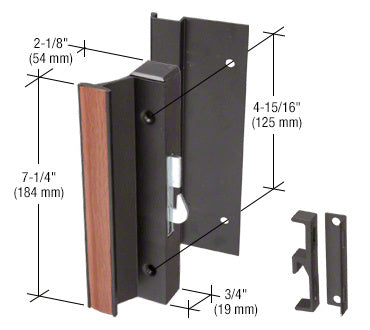A black high-profile hook-style surface mount handle with wood-grain accent and technical dimension labels.